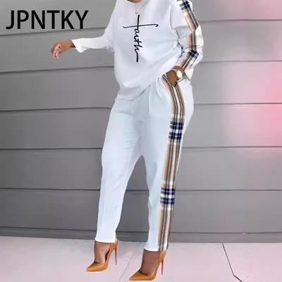 JPNTKY Mode Herbst und Winter Damen Lässiges und Bequemes Bedrucktes Langarm- und Langhosen-Set