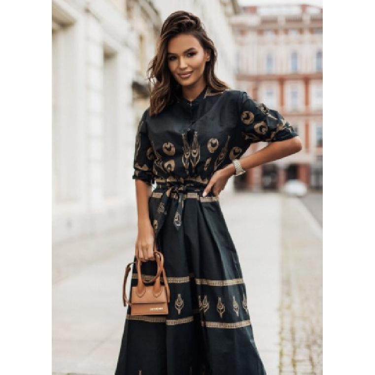European and American Cross-Border New Short Sleeve Positioning Flower Linen Belt Mid-Length Shirt Dress