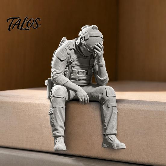 Talos 3D Printed Soldier Figurine Ornament, Sitting Tactical Statue, Funny Tired Sculpture for Table Shelf Edge Decor