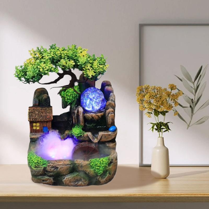 Indoor Resins Rockery Waterfall Fountains with Atomizer and LED Lighting Great for Home and Office Desktop Decoration