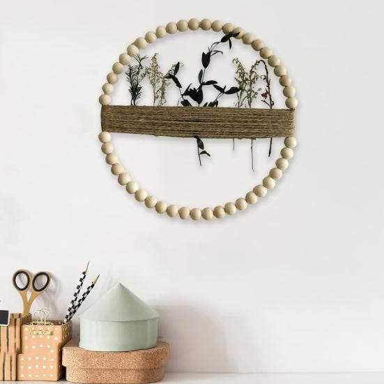 Yousheng Wood Bead Rope Wall Decoration Boho Farmhouse Rustic Round Plants Display Frame Wall Art Home Office Living Room Wall Ornament