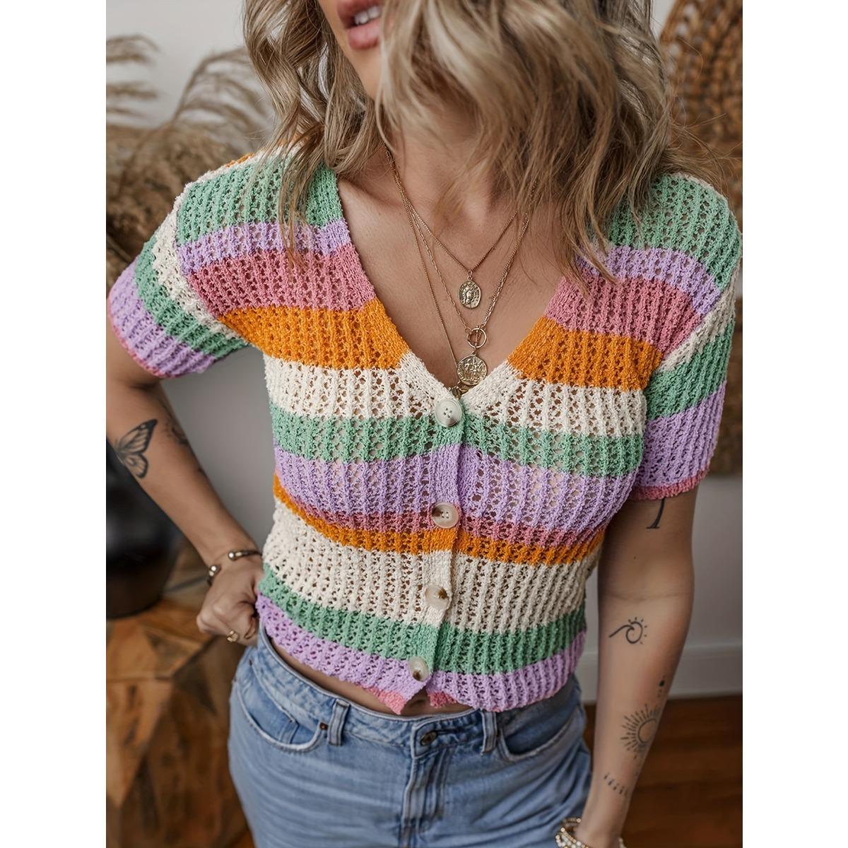 Plus Size Women s Colorblock Striped Hollow Out Knit Top, Summer Vacation Casual Blouse for Ladies S