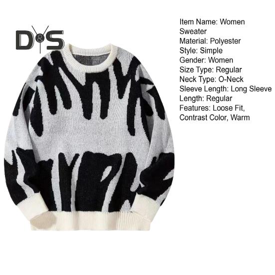 Suéter feminino gola redonda manga comprida contraste cor tricô tops solto ajuste estampado elástico malhas uso diário