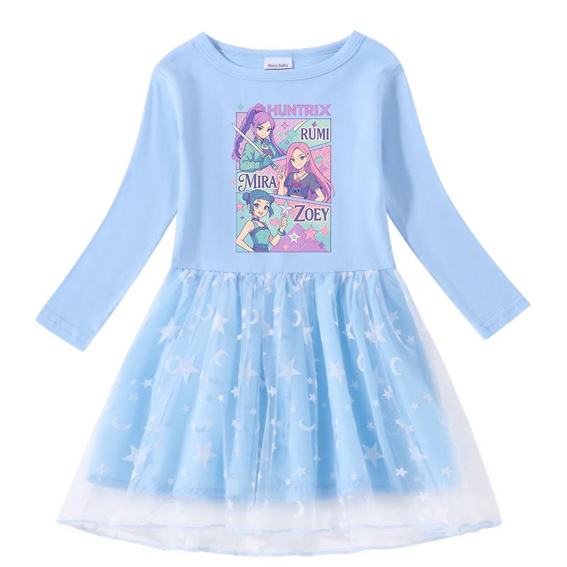 Vestido de Princesa de Malla con Lentejuelas Arcoíris de Kpop Demon Slayer para Niñas - Manga Corta de Verano y Manga Larga de Primavera/Otoño
