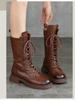Johnature Genuine Leather Mid-calf Boots Plush Cotton Boots British Style Lace Up Women's Boots