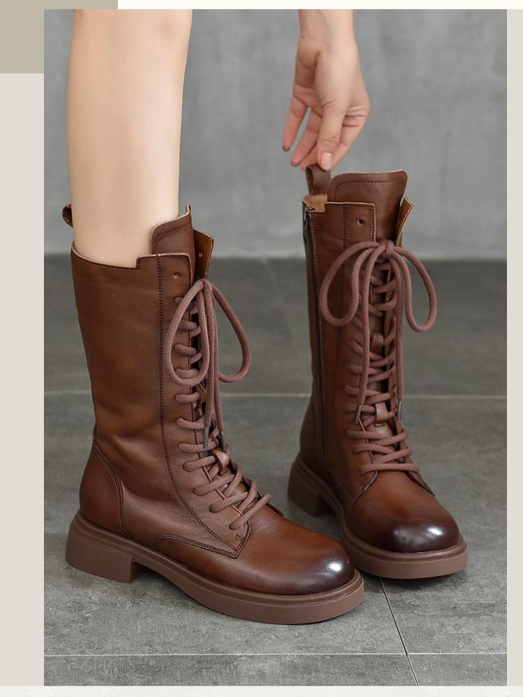 Johnature Genuine Leather Mid-calf Boots Plush Cotton Boots British Style Lace Up Women's Boots