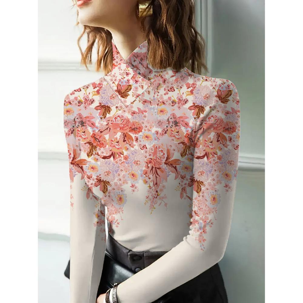 Women's Cheongsam Collar Long-sleeved T-shirt, Suitable for Women, Regular Version, Suitable for All Seasons