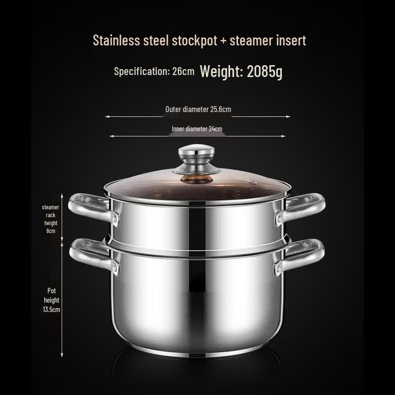 

HANDUNYOU 26cm Food-Grade Stainless Steel Soup Pot with Steamer