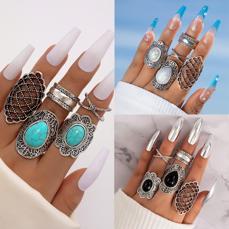 Black and White Emerald Ring, Personalized Retro Drip Cross Hollow Wide Edge Ring 5-piece Set for Men and Women
