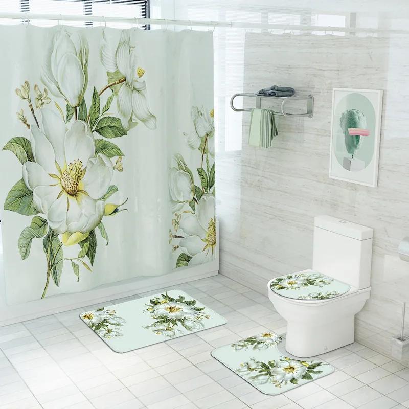 High Quality Small Fresh Shower Curtain Set White Flowers Printed Bathroom Curtains Set Anti Slip Rug Toilet Lid Cover Bath Mat