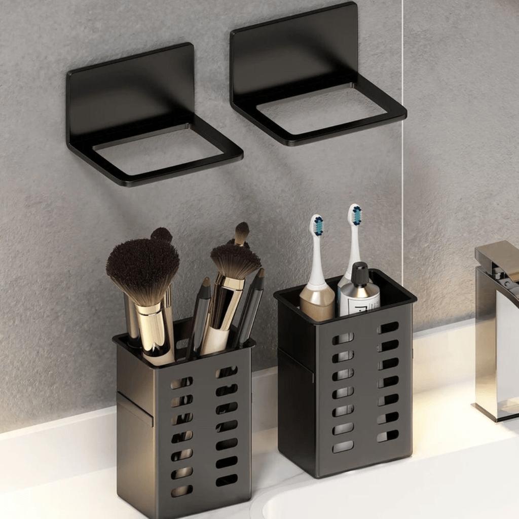 Black Space-Saving Wall-Mounted Bathroom Organizer - No Drilling Required for Toilets and Showers