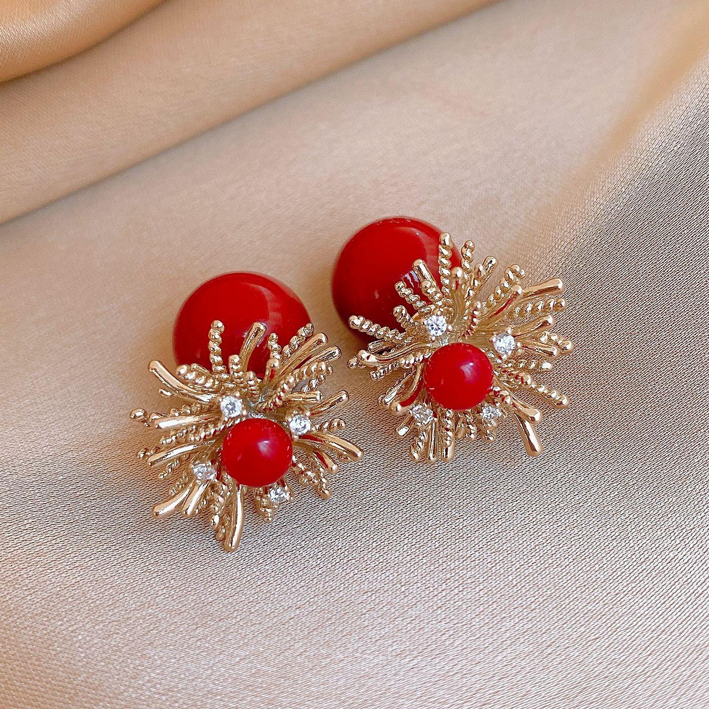 

Retro red resin zircon fireworks earrings stud earrings temperament versatile earrings women