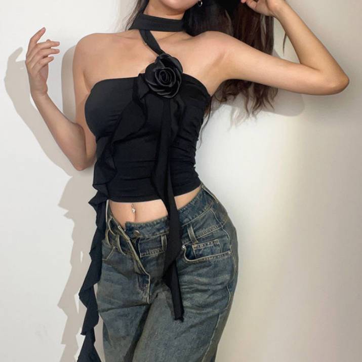 

Летние пикантные эстетические топы принцессы Desire, однотонные женские топы без рукавов с вырезом и цветочным принтом, чистый элегантный шикарный топ с лентой L чёрный