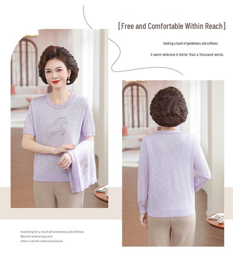 Spring 2026 Elegant Chinese-Style Knitted Two-Piece Cardigan Set for Middle-Aged & Elderly Women