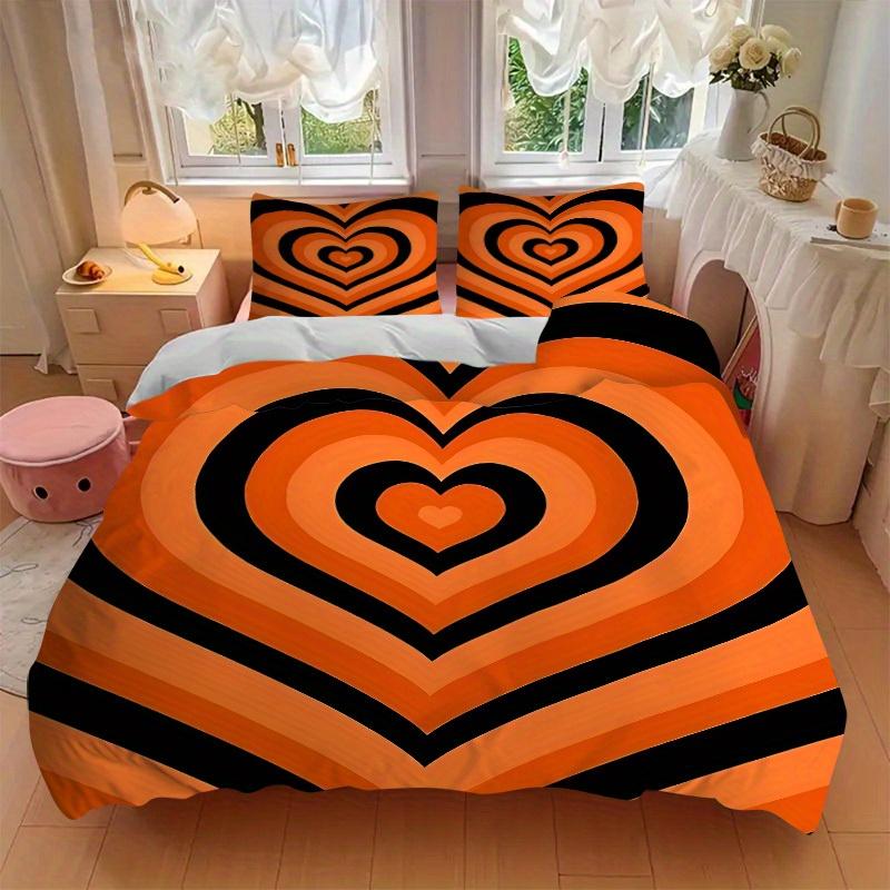3pcs Orange Heart Pattern Bedding Set, Ideal for Home Use, Suitable for Bedroom Decor (1*Duvet Cover + 1/2*Pillowcases, No Core) Yy250821201