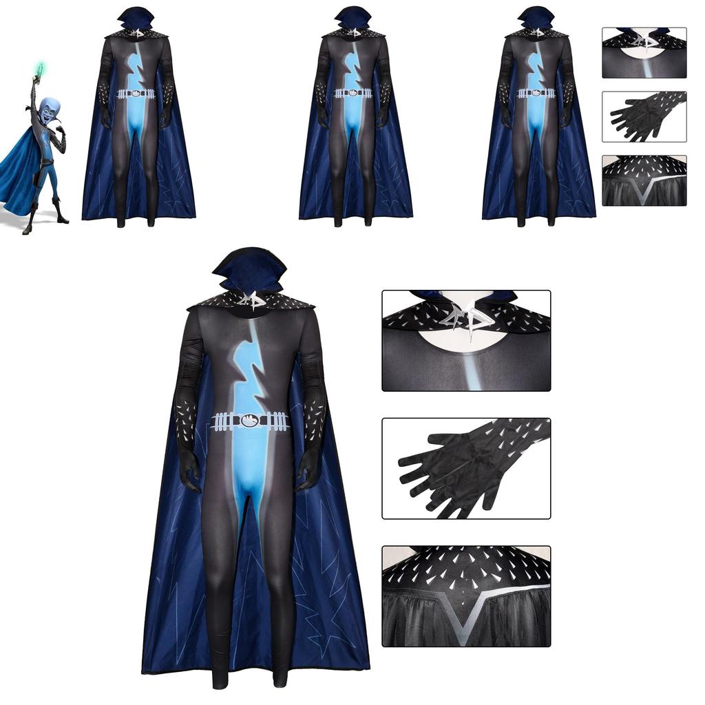 Halloween Megamind Cosplay Jumpsuit Cloak Glove Set Performance Costume For Anime Events