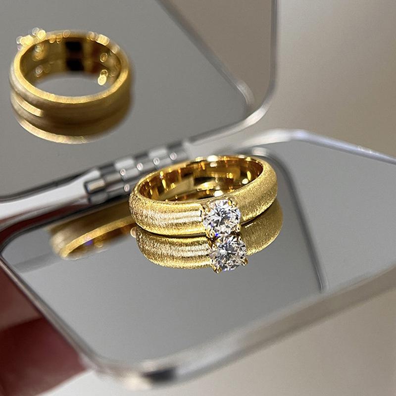Longlongjin S925 Silver Gold-Plated Ribbon Ring Set with 5.0 White Diamonds, Vintage Brushed Finish