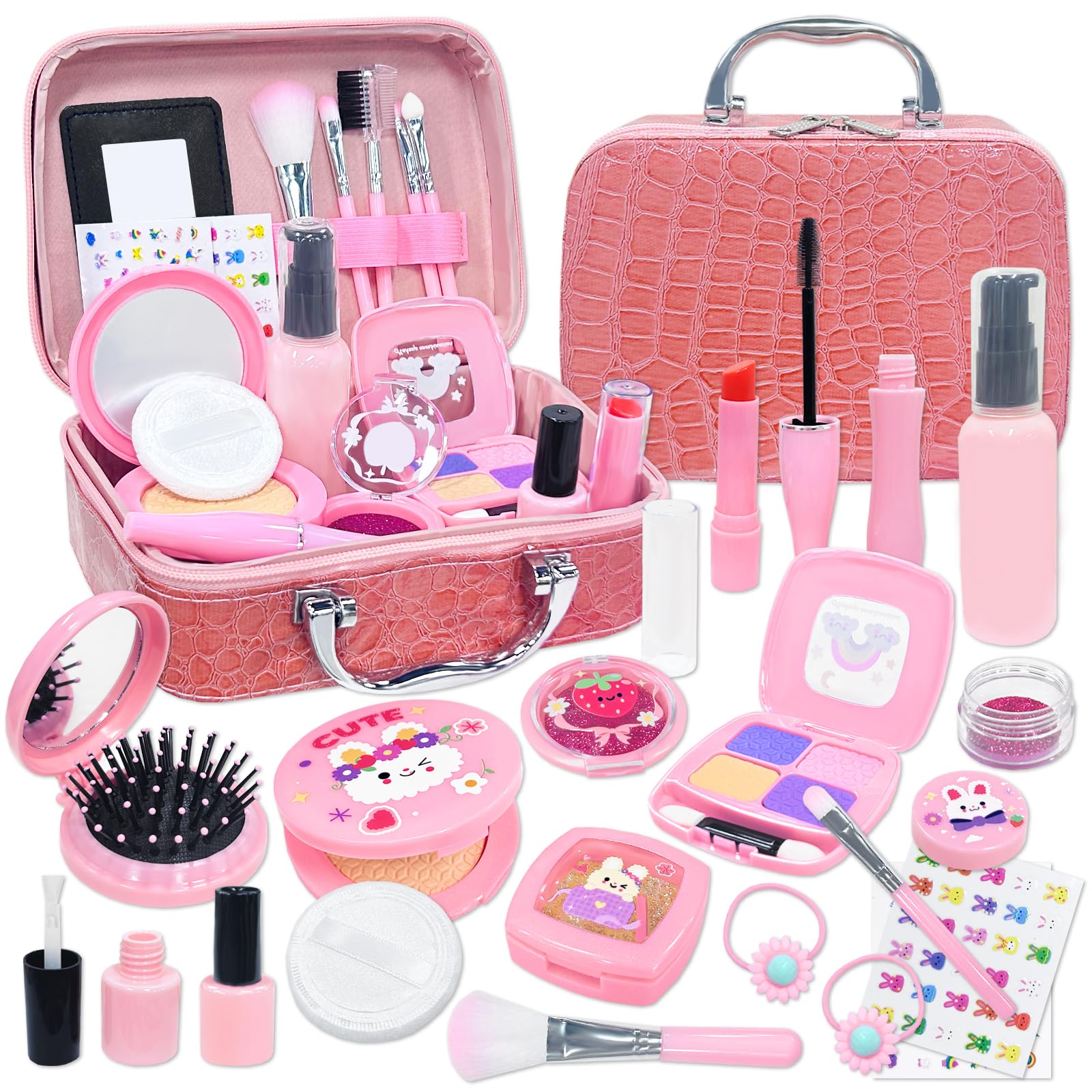 

VBACALA Pretend Play Makeup Set (No Coloring Required) - Cute Rabbit Dresser Toy for Girls - Includes Makeup Brushes, Makeup Tools, and Storage Bag -