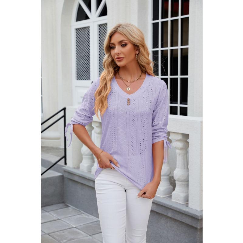 Spring and Summer Women's T-shirt New Button V-neck Solid Color Loose T-shirt Mid-sleeved Tops