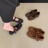 French retro square head woolen single shoes for women's autumn and winter new velvet Mary Jane shoes for women's flat-bottomed fluffy shoes