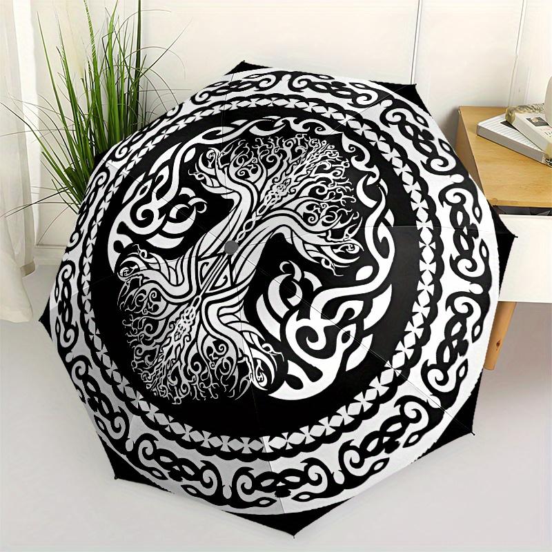 

Tree of Life Mandala Black & White Automatic Open/Close Umbrella - 8-Rib Compact 3-Fold Portable Folding Umbrella with Black & Iron&8K