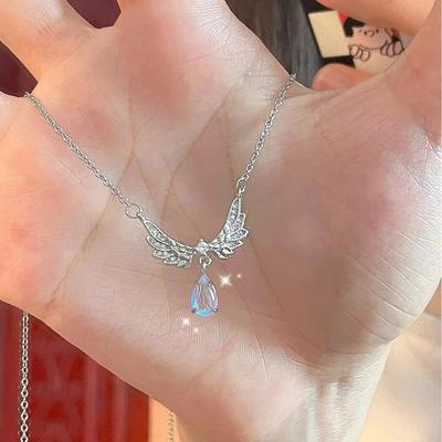 Moonstone Angel Wings Drop Love Necklace for Women Light Luxury Niche Design Fashion