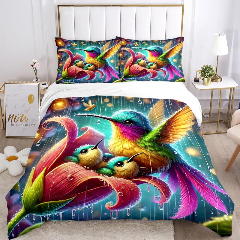 3pcs Rainbow Hummingbirds Bedding Set - Includes 1 Quilt Cover and 2 Pillowcases, Comfortable Bedding with Stylish Design for Bedroom, Machi