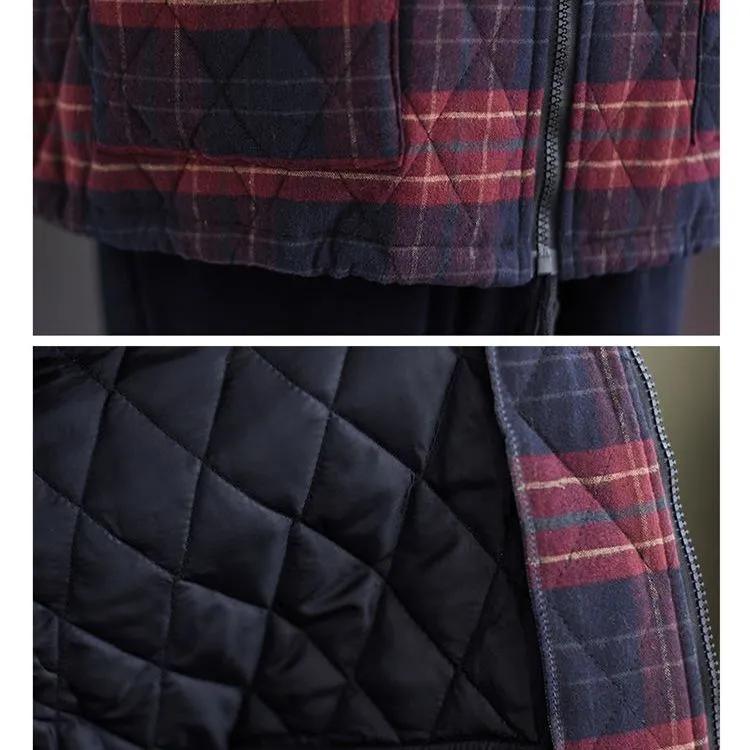 Women Autumn Winter Plaid Retro Hooded Parkas Design Casual Padded Jackets
