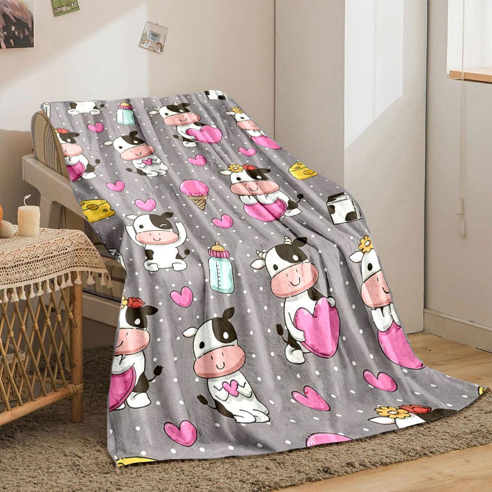 Cartoon Cow Heart Print Blanket bedroom Blanket for Livingroom Couch lunch break Soft throw for Friend's festival Gift
