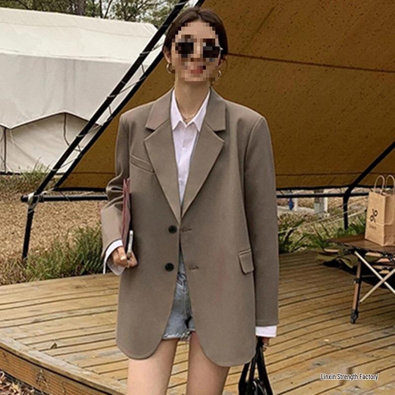 Women's Khaki Casual Blazer - 2025 Spring/Autumn, Loose Fit Design by Lin Xin