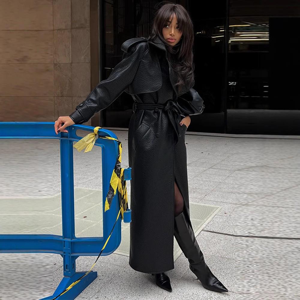 European & American Autumn Long Leather Trench Coat with Belt - Casual Fashion Outerwear