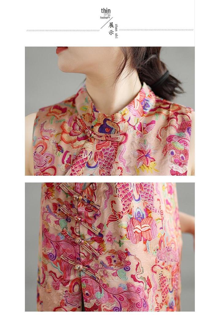 9026 Summer New Chinese Style Sleeveless Jacquard Tencel Vest Top for Women