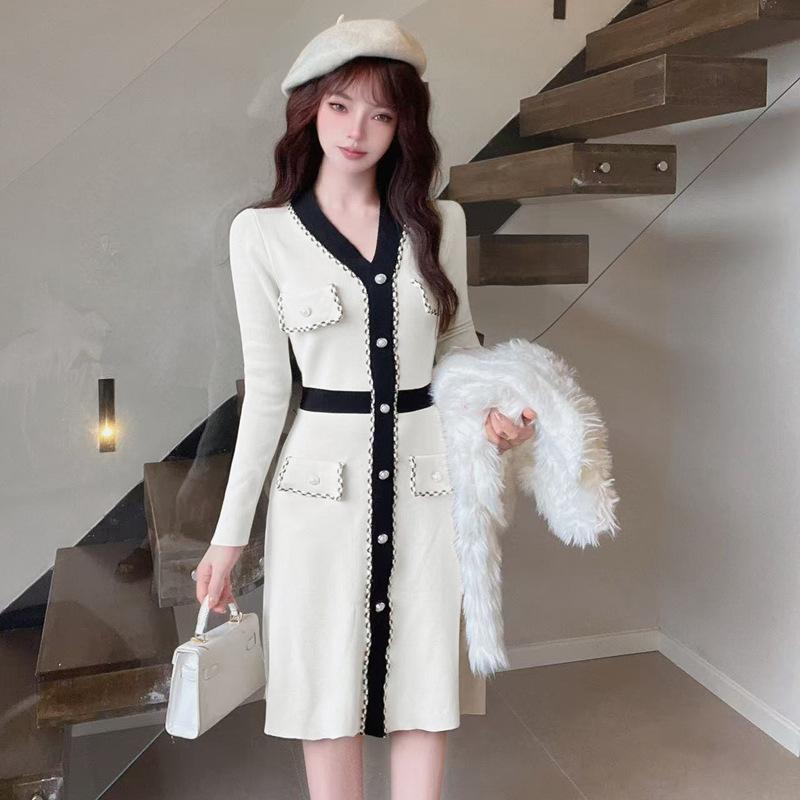 Spring New Hepburn Style Knitted Dress Women's Contrasting Color Long-sleeved Small Fragrant Style Inner with Hip-wrapped Sweater Skirt