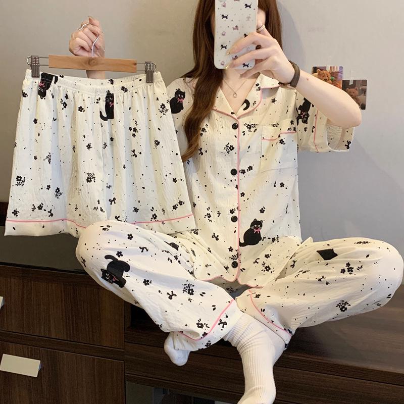 Leopardenmuster Herz Kurzarm-Pyjama-Set: Damen Sommer Wolkenbaumwolle Dreiteiliger Loungewear