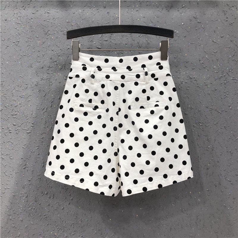 2025 Spring/Summer Women's Polka Dot High Waist Denim Shorts - Trendy Hong Kong Style, Washed Cotton, Wide Leg Fit