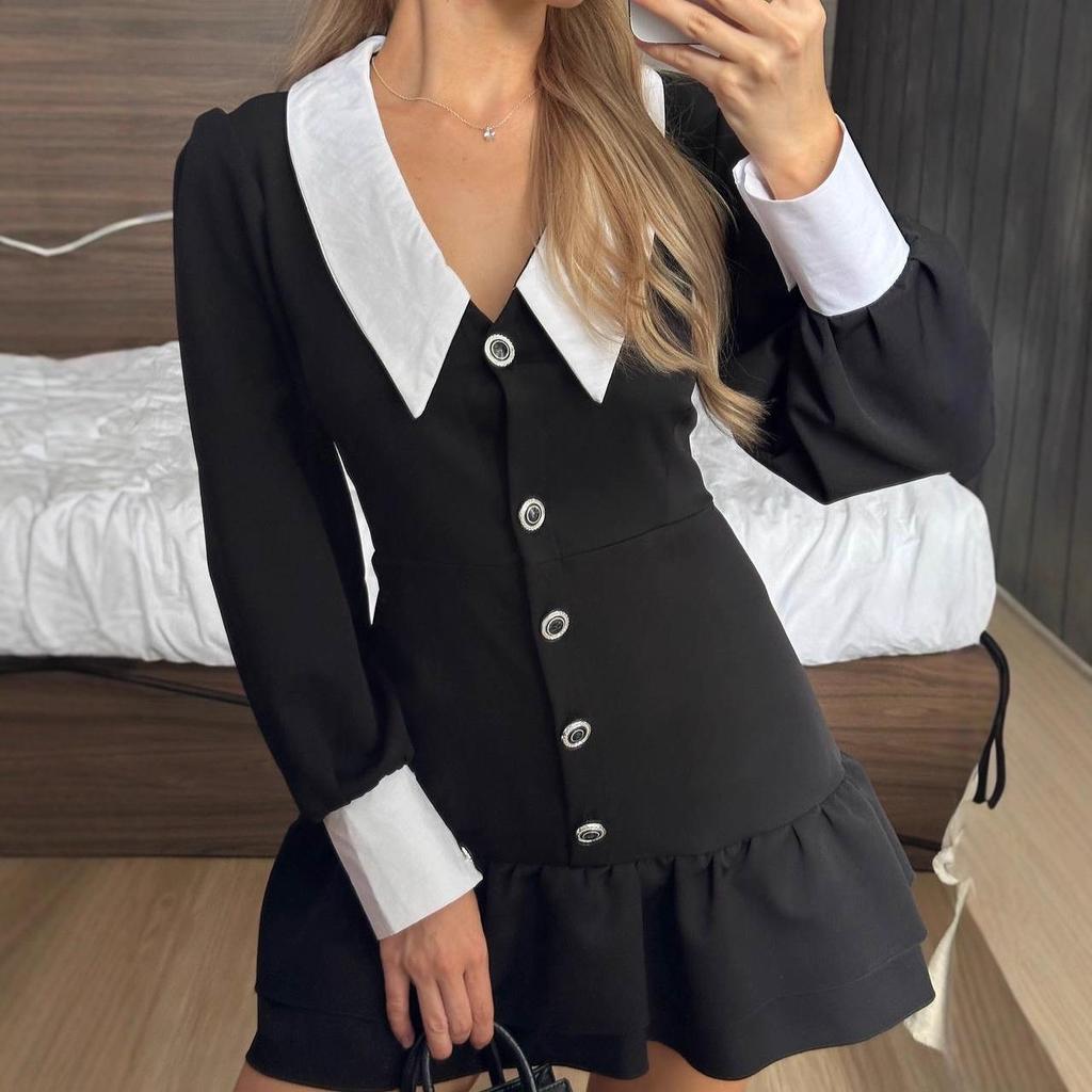 2025 Autumn V-Neck Button Long-Sleeve Dress Skirt - European & American Style, Sweet & Stylish.