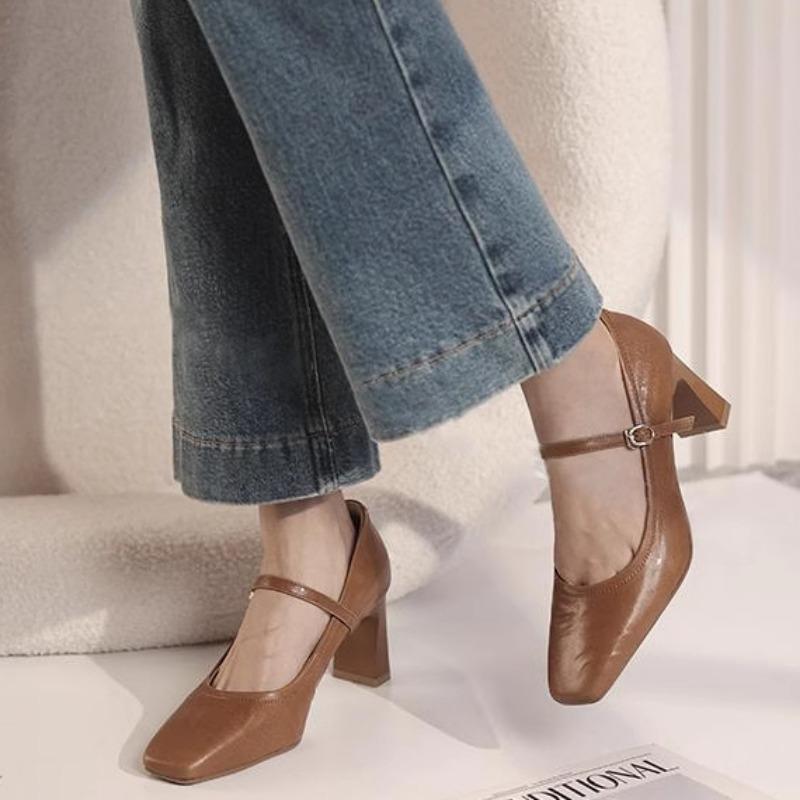 

Fashion 2025 New Women s Mary Jane High Heels Square Toe Chunky Heels Outdoor Fashion Dress Pumps Women Shallow Buckle Strap Shoes 34 темно-коричневого