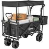 Folding Trolley Cart Storage Wagon Beach Trailer 4 Wheels with Handle Overhead Canopy Cart Push Pull for Camping, Black