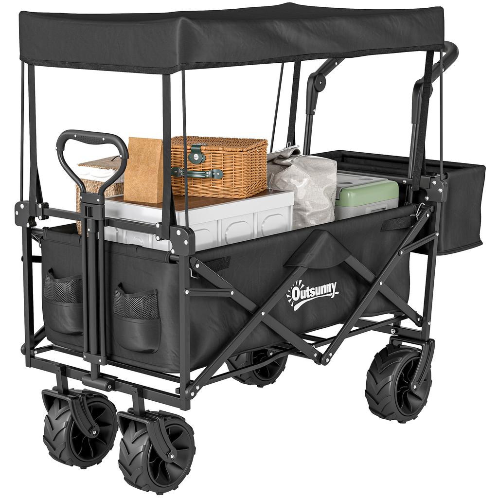 Folding Trolley Cart Storage Wagon Beach Trailer 4 Wheels with Handle Overhead Canopy Cart Push Pull for Camping, Black