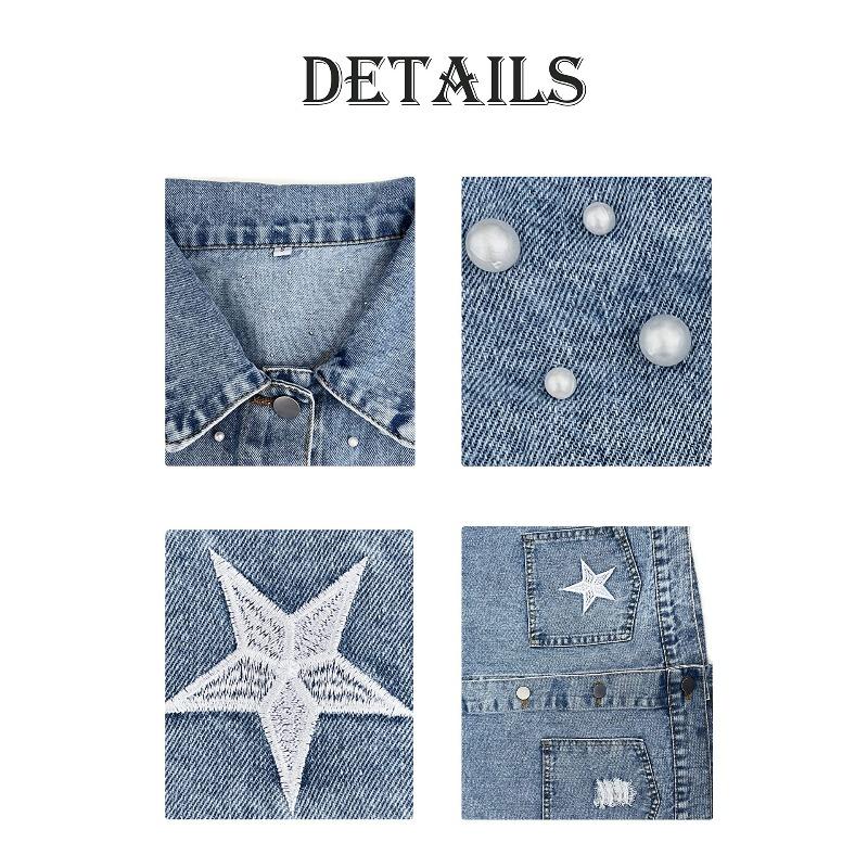 Damen Herbst Lässige Jeansjacke Rückseite Sternenprint Langarm Umlegekragen Knopf Perlen Jacke Streetwear Jeansjacke Damen