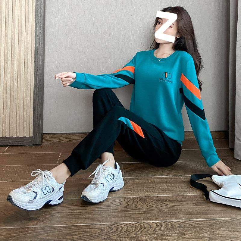 Round Neck Sports Suit for Women, Spring and Autumn Korean Style Fashionable Loose Sweatshirt, Western Style Casual Wear Two-piece Set
