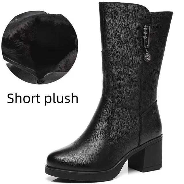 Fashion GKTINOO Women Ladies Female Mother Genuine Leather Mid Calf Boots Shoes Winter Plush Fur Warm Botas Zipper Plus Size Non-Slip