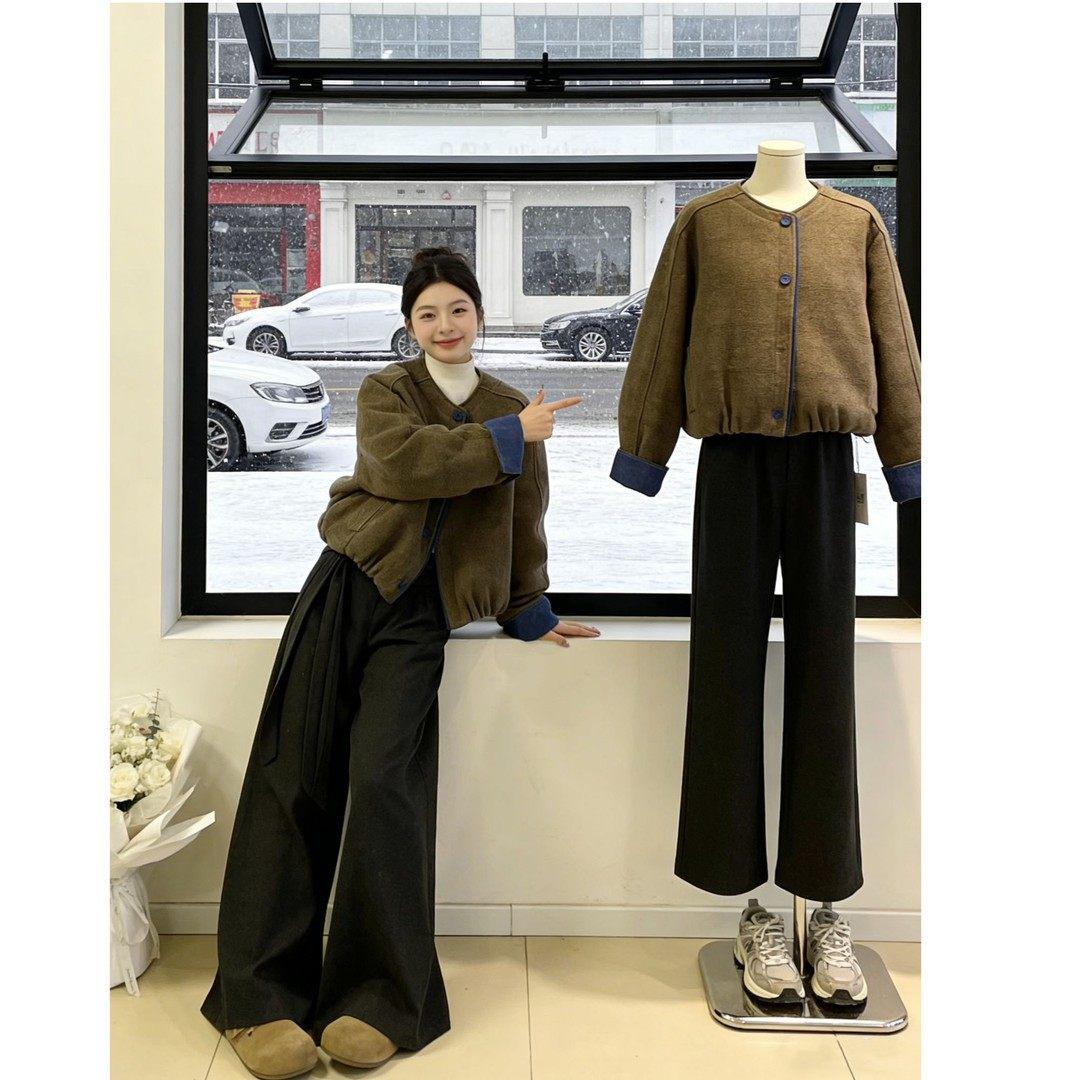 

Korean Style Color Block Jacket & Wide-Leg Pants Two-Piece Set: Autumn/Winter Fashion for Women S