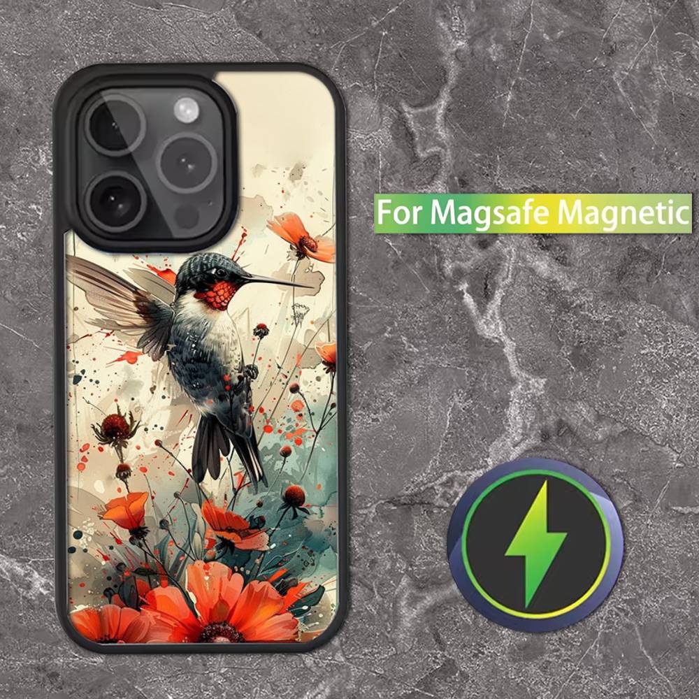 Hummingbird and Flowers Phone Case For iPhone 17,16,15,14,13,12,11,Pro,Max,Plus,Mini,SE Magsafe Magnetic Wireless Charging