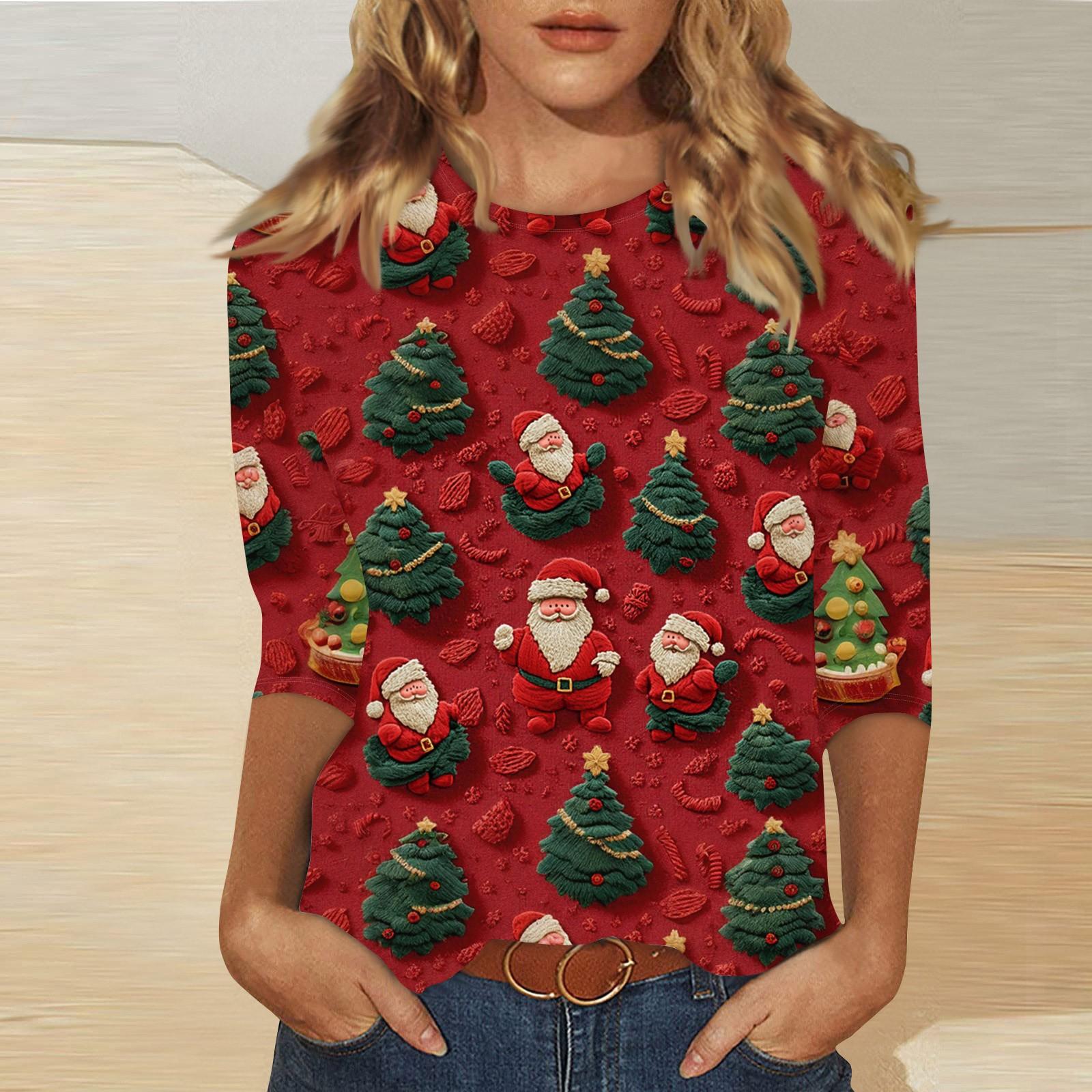 

Женская мода повседневная три четверти рукава рождественский принт круглый вырез пуловер топ M винный