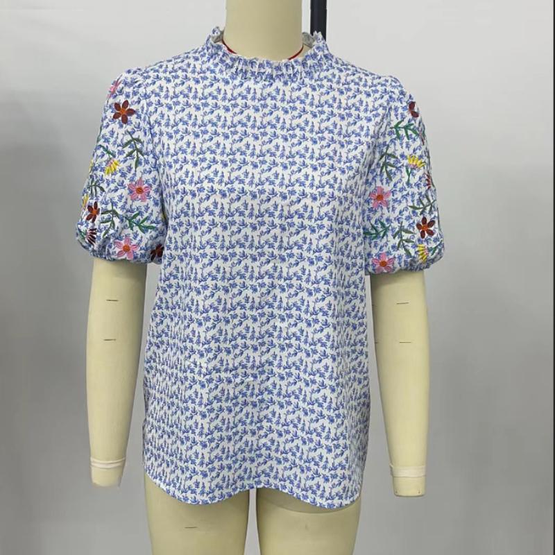 Summer New Embroidered Printed Loose Women's Shirts Short Sleeve Fashion Elegant Blouse Women Tops Stand Collar Slim Fit Shirt Female Clothing 26429