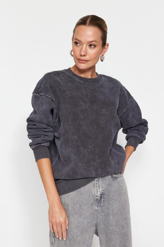 Women's Fashion New Sweatshirt Emerald Green Vintage Faded Effect Thick Inside Fleece Oversize Wide Fit Sweatshirt