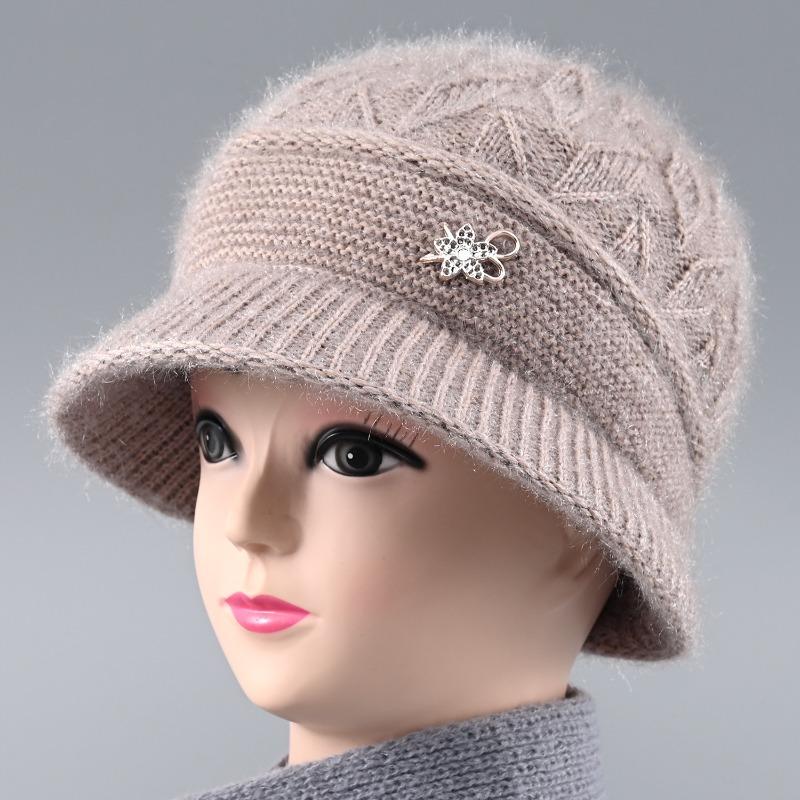Hat Female Autumn and Winter Rabbit Hair Big Eaves Knitted Hat Old Hat Old Lady Fleece Warm Wool Hat