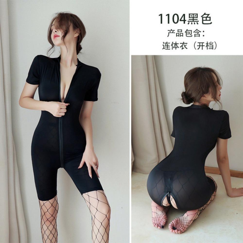 Sex Underwear Women's Sexy Silky Swimming Cloth Zipper Short Sleeve Open Gear Free Sexy Onesie Set One Piece with Hair