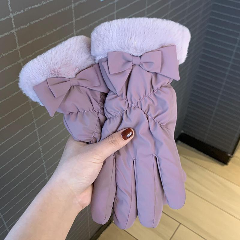 Bow Warm Gloves Fashionable and Versatile Women's Winter Plus Velvet Thickened Touch Screen Riding and Comfortable for Skin